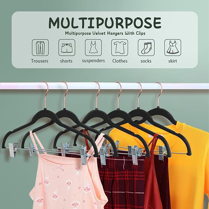 Stormix Baby Hangers - 24 Pack Non-Slip Heavy-Duty Kids Hangers with Clips - Black (Rose Gold Hook) for Shirts, Pants, Skirts, Dresses, Jackets, Coats