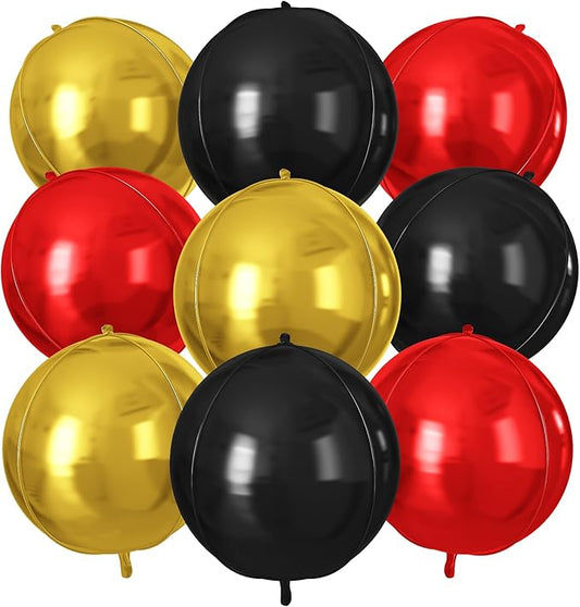 Red Black Gold Round Foil Balloons 9 pcs,Metallic Giant 4D Round Balloons 22 Inch for Wedding Graduation Anniversary Baby Shower Birthday Party Decorations