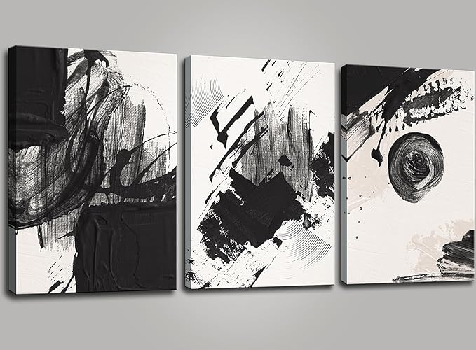 Black and White Abstract Canvas Wall Art Set,Modern Bathroom Wall Decor Nordic Calm/Zen Print Art Decorative for Living Room, Bedroom, Office Decor 12x16x3pcs