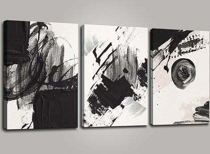 Black and White Abstract Canvas Wall Art Set,Modern Bathroom Wall Decor Nordic Calm/Zen Print Art Decorative for Living Room, Bedroom, Office Decor 12x16x3pcs