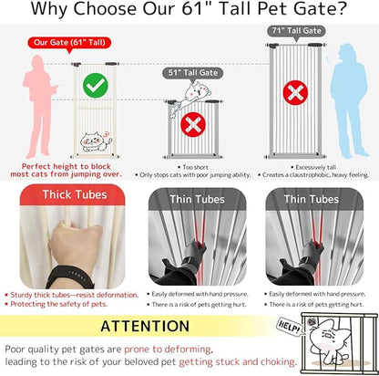 Lumizone Extra Tall Cat Gate 61.02" High Pressure Mounted Extra Wide 26.38"-30.11" (17Sizes) 1.37" Gap No Drilling Auto-Close Tall Pet Gate for Dogs (Cream, 26.38"-30.11" W)