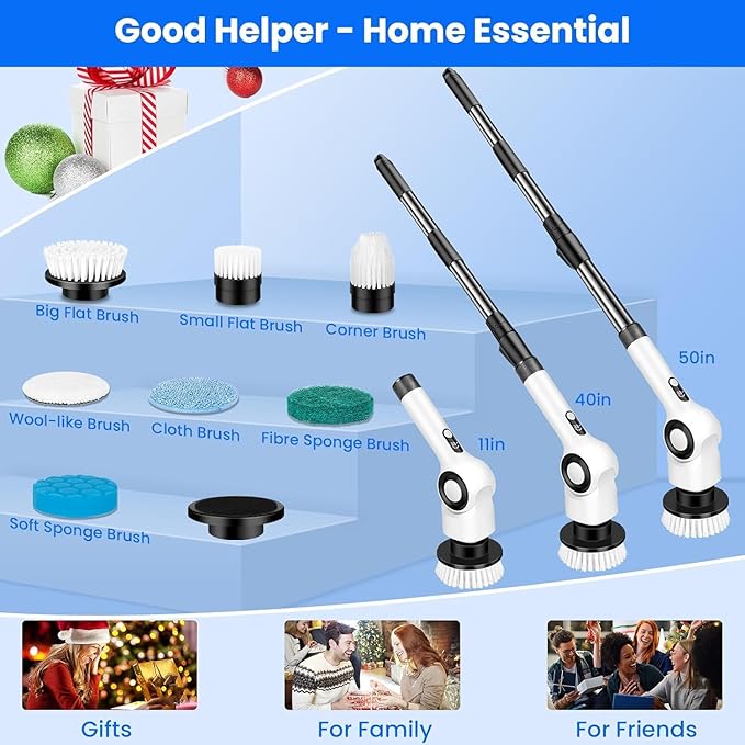 Electric Spin Scrubber, Cordless Power Shower Scrubber with 7 Scrub Brush, 3 Speeds, Adjustable Extension Handle, IPX7 Waterproof Electric Cleaning Brush for Bathroom Tub Tile Kitchen Car- White