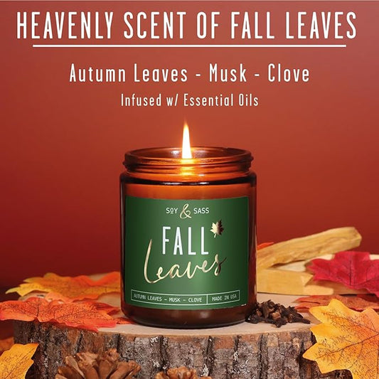 Fall Candles - 'Fall Leaves' Fall Candle w/Autumn Leaves, Clove & Musk I Infused with Essential Oils I Autumn Fall Scented Candles I Cozy Cute Fall Décor Fall Gifts I 9oz Jar I 50Hr Burn I Made in USA