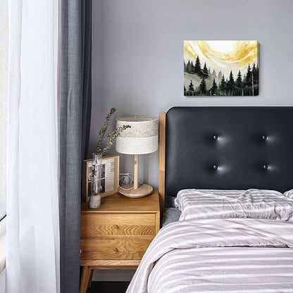 ARTZON Black Wall Art – Abstract Forest Sunrise Landscape Canvas Print, Mountain Retro Foggy Pine Tree Nature Picture, Vintage Decorative Small Moody Artwork for Bathroom or Bedroom, 16x12 Inch