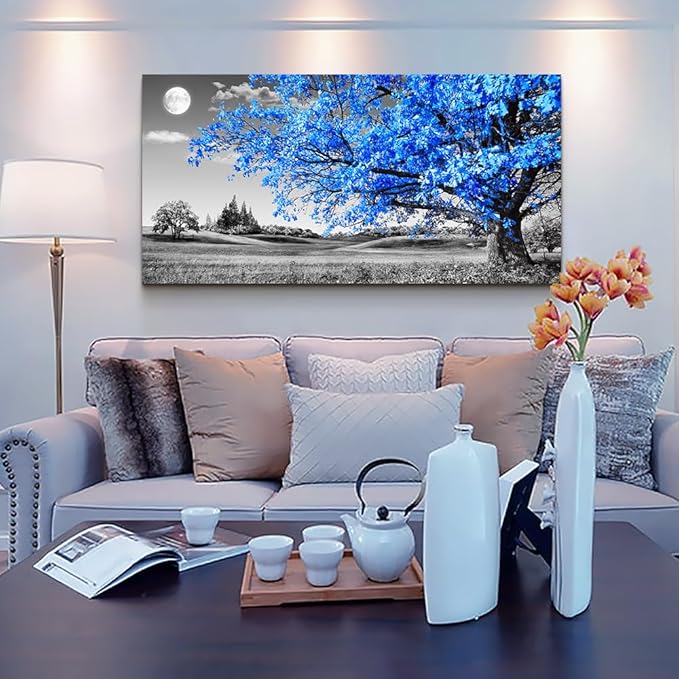 Wapluam Large Canvas Wall Art For Living Room & Bedroom - Black & White Wall Paintings - Blue Tree Scenery - 24" X 48