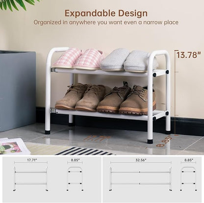 Gonfoam 2-Tier Expandable Shoe Rack,Adjustable Shoe Shelf Storage Organizer Heavy Duty Metal Free Standing Shoe Rack for Entryway Closet Doorway (White)