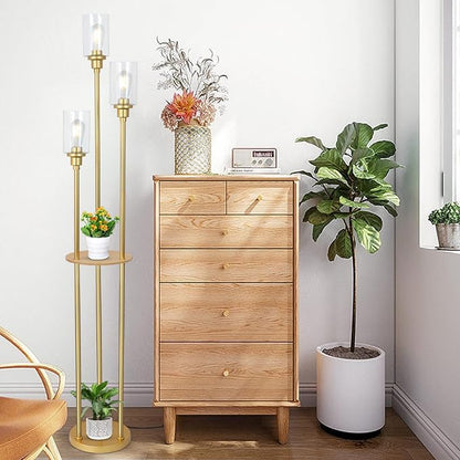 HMVPL Floor Lamps for Living Room, Gold Floor Lamp with Shelves, 3-Lights Modern Brass Standing Lamp with Glass Shades, On/Off Foot Switch, Mid Century Tall Lamp for Bedroom Corner Office(66")