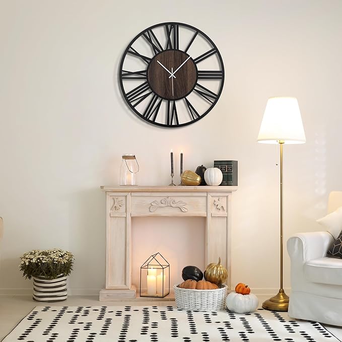 Large Wall Clock for Living Room Decor, 24 Inch Non Ticking Silent, Battery Operated Modern Vintage Oversized Wall Clock for Bedroom Kitchen