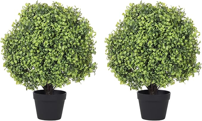 THE BLOOM TIMES 2ft Faux Boxwood Plants Outdoor Set of 2, 24" UV-Resistant Artificial Topiary Ball Trees, Fake Potted Greenery for Front Porch Planter, Patio Outside Decor