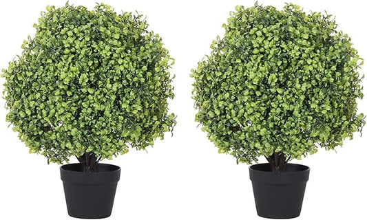 THE BLOOM TIMES 2ft Faux Boxwood Plants Outdoor Set of 2, 24" UV-Resistant Artificial Topiary Ball Trees, Fake Potted Greenery for Front Porch Planter, Patio Outside Decor