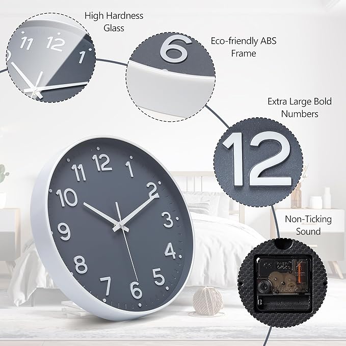 MEIRED Wall Clock 12 Inch Silent Non Ticking Battery Operated Round Wall Clock Modern Simple Style Decor Clock for Home/Office/School/Kitchen/Bedroom/Living Room, Gray and White