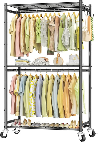 Rolling Clothes Rack for Hanging Clothes, Metal Clothing Garment Rack with Double Rods & 3 Wire Shelves, Portable Wardrobe Closet with Wheels