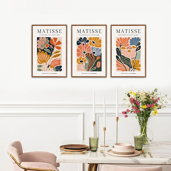 HLNIUC Framed Matisse Picasso Canvas Wall Art,Henri Matisse Flower Wall Decor Set of 3(16”x24’)Modern Aesthetic Pictures Wall Painting,Colorful Abstract Floral Market Art Print for Living Room,Office
