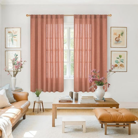 YoungsTex Rust Terracotta Linen Curtains 63 Inch Length, Burnt Orange Drapes Light Filtering with Rod Pocket Back Tab Semi Sheer Privacy for Bedroom Living Room Window, 2 Panels, 52 X 63 Inch