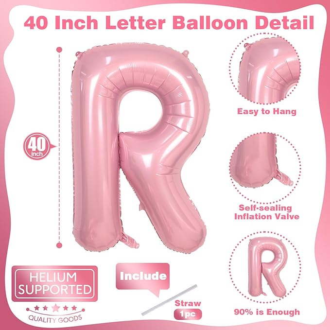 Big Letter Balloon R, 40" Pastel Pink Mylar Helium Alphabet Customize Name Balloon Letters, Self Inflating Baby Pink Foil R Custom Letter Balloon for Girl Women Birthday Party Baby Shower Decoration