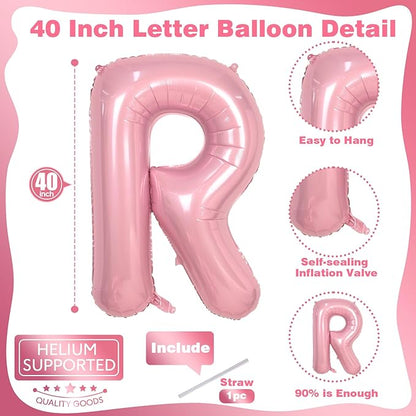 Big Letter Balloon R, 40" Pastel Pink Mylar Helium Alphabet Customize Name Balloon Letters, Self Inflating Baby Pink Foil R Custom Letter Balloon for Girl Women Birthday Party Baby Shower Decoration