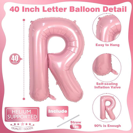 Big Letter Balloon R, 40" Pastel Pink Mylar Helium Alphabet Customize Name Balloon Letters, Self Inflating Baby Pink Foil R Custom Letter Balloon for Girl Women Birthday Party Baby Shower Decoration