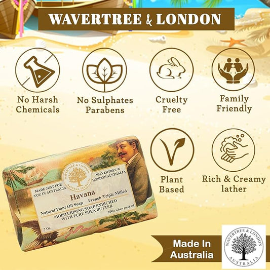 Wavertree & London Havana Scented Natural Soap (8 Bars), 7oz Moisturizing French Triple Milled Soap Bars enriched with shea butter - Pure Plant Oil Bath & Body Bars for All Skin Types