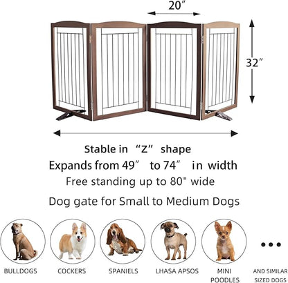 ZJSF Freestanding Dog Fence Indoor, Foldable Dog Gate for Doorways, Stairs or Hallways, Sturdy Wood Extra Wide Pet Gate with Support Feet for The House, Brown, 32 "Height-4 Panels