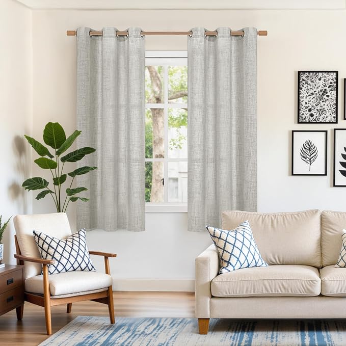 YoungsTex Light Grey Linen Curtains for Bedroom 38 x 63 Inch, Privacy Light Filtering Drapes with Bronze Grommet for Living Room Office Burlap Textured Decorative Curtain, 2 Panels