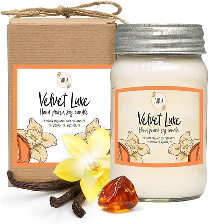 Aira Soy Candles - Organic, Kosher, Vegan, in Mason Jar w/Therapeutic Grade Essential Oil Blends - Hand-Poured 100% Soy Candle Wax - Paraffin Free, Burns 110+ Hours - Velvet Luxe -16 Ounces