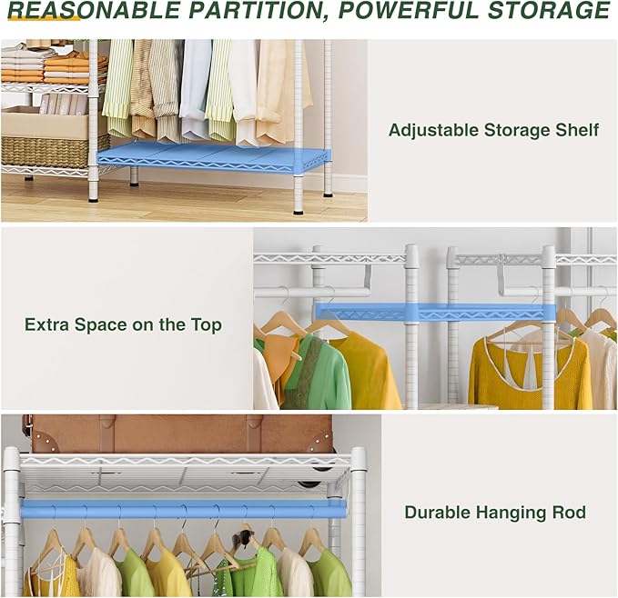 LEHOM G6 Wire Garment Rack Heavy Duty Clothes Rack Compact Large Size Armoire Storage Rack Freestanding Metal Clothing Rack Closet Wardrobe with 3 Hanger Rod and 4 Large Shelves 4 Small Shelves, White
