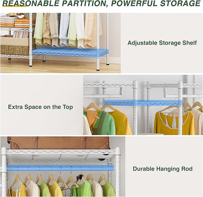 LEHOM G6 Wire Garment Rack Heavy Duty Clothes Rack Compact Large Size Armoire Storage Rack Freestanding Metal Clothing Rack Closet Wardrobe with 3 Hanger Rod and 4 Large Shelves 4 Small Shelves, White