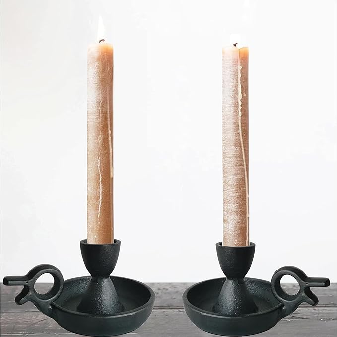Iron Taper Candle Holders Set of 2, Black Metal Candlestick for Table Centerpieces, Wedding Decor and Dinner Party (Handle)