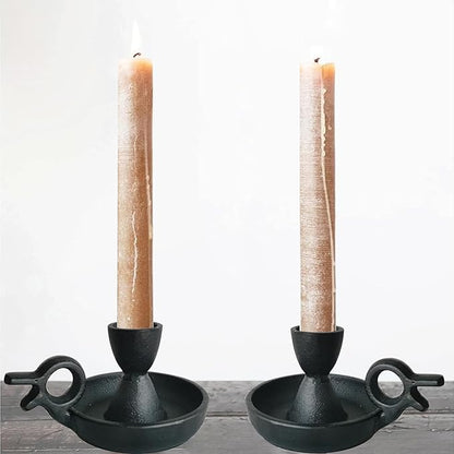 Iron Taper Candle Holders Set of 2, Black Metal Candlestick for Table Centerpieces, Wedding Decor and Dinner Party (Handle)