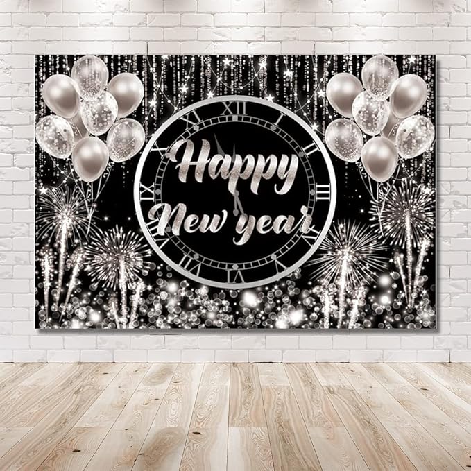 MEHOFOND Happy New Year Backdrop Hello 2026 NYE Cheers Party Decorations Sliver Black Photography Background Kiss Me at Midnight New Year's Eve Festival Party Supplies Photobooth Banner 7x5ft