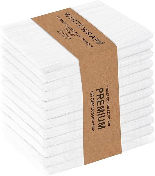 WHITEWRAP Flour Sack Towels | Tea Towel for Crafts| Kitchen Dish Cotton Blank Towel for Embroidery|Baking Bread Proofing Linen Cover| Thick Absorbent Quick Dry| 12 Pack 28"x28" White