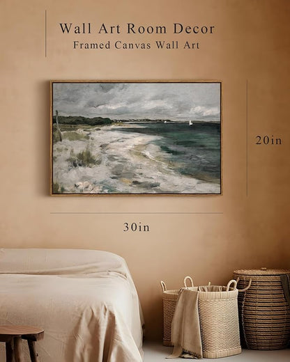 InSimSea Framed Canvas Wall Art Vintage Decor, Large Coastal Wall Art, Seaside Painting Prints, Modern French Country Farmhouse Decorations, Rustic Wall Decor for Living Room Bedroom, 20"x30"