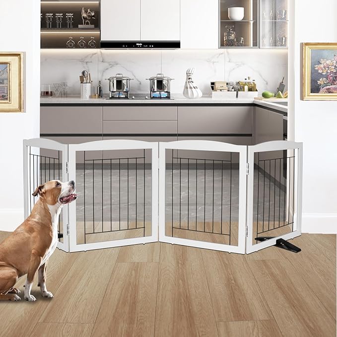 ZJSF Freestanding Dog Fence Indoor, Foldable Dog Gate for Doorways, Stairs or Hallways, Sturdy Wood Extra Wide Pet Gate with Support Feet for The House, Grey, 24 "Height-4 Panels