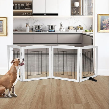 ZJSF Freestanding Dog Fence Indoor, Foldable Dog Gate for Doorways, Stairs or Hallways, Sturdy Wood Extra Wide Pet Gate with Support Feet for The House, Grey, 24 "Height-4 Panels