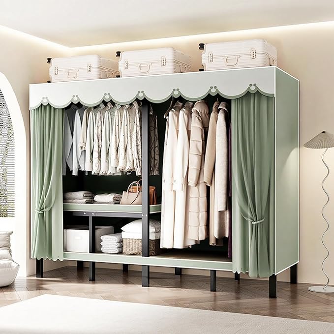 Foldable Portable Wardrobe Closet with Cover, Heavy Duty Clothing Rack for Hanging Clothes has 59in Vertical Storage Space, Coffee Metal Garment Rack (Green, 84.5in)