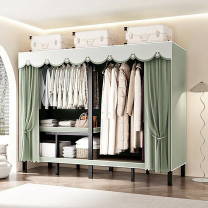 Foldable Portable Wardrobe Closet with Cover, Heavy Duty Clothing Rack for Hanging Clothes has 59in Vertical Storage Space, Coffee Metal Garment Rack (Green, 84.5in)