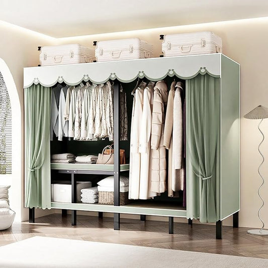 Foldable Portable Wardrobe Closet with Cover, Heavy Duty Clothing Rack for Hanging Clothes has 59in Vertical Storage Space, Coffee Metal Garment Rack (Green, 84.5in)