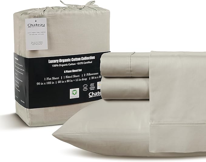 100% Organic Cotton XLTwin Sheets Set, 300TC Sateen Weave 3 PC Twin XL Bed Sheets, Fully Elasticated Sheet & Pillowcase Sets, Soft & Comfy No lint Machine Washable Fade Resistant- Silver