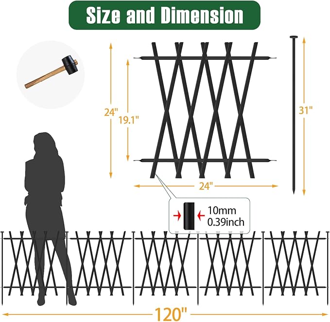Metal Decorative Garden Fence 24" H x 24" W (5 Panels, 10 Ft Total) Rustproof Animal Barrier No Dig Decorative Fencing for Dogs,Pet, Yard,& Patio, Landscape, Border，Easy Installation
