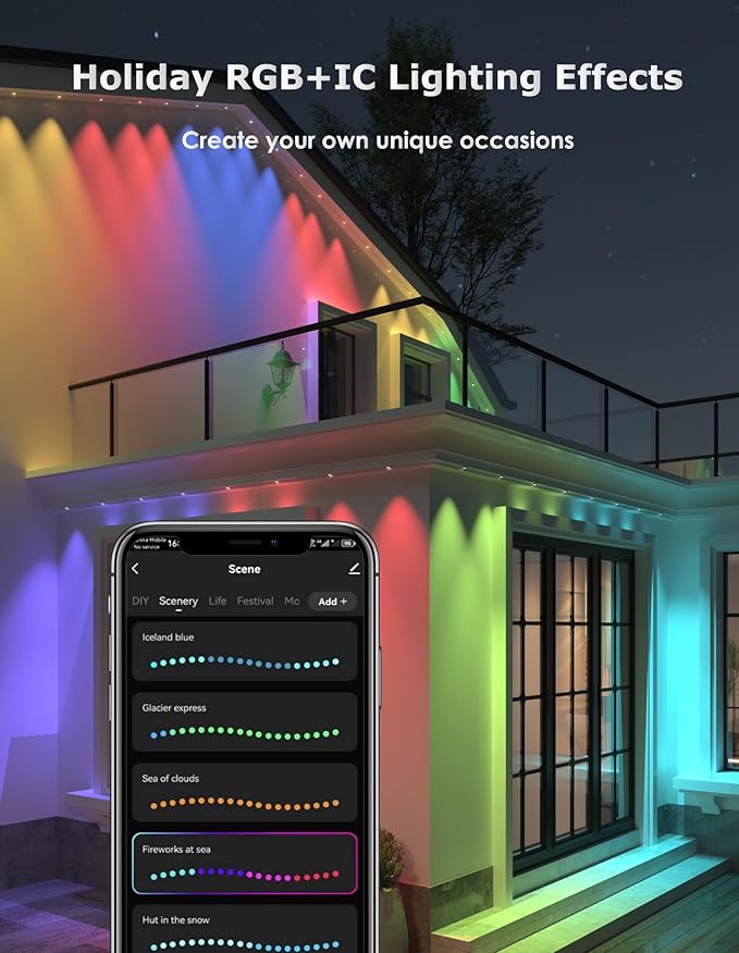 100ft Permanent Outdoor Lights, Smart RGB+IC Eave Lights, 60 Bright LEDs with 75 DIY Scene Modes & 16 Million Colors, Work with Alexa/App, IP68 Waterproof Light for House Holiday Christmas