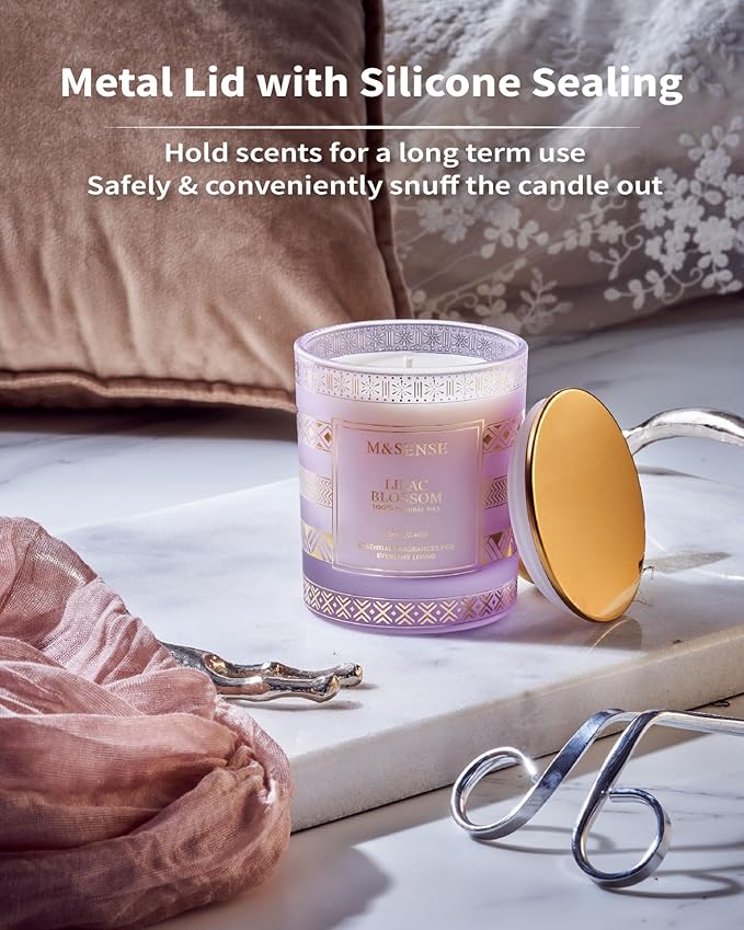 M&SENSE Lilac Blossom Soy Candles for Home Scented, 7.4oz 45 Hour Long Burning, Winter Aromatherapy Candle for Spa Meditation Yoga, Housewarming New Year Gifts for Her