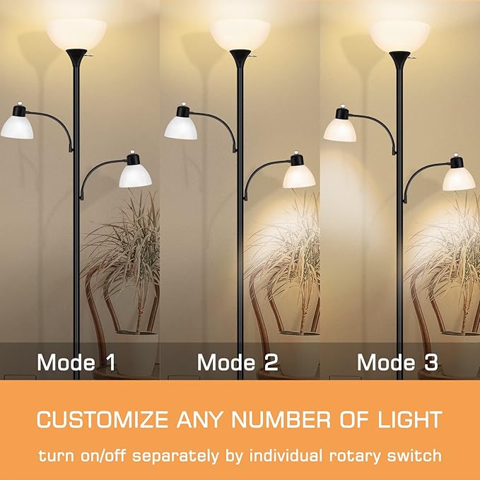 Luvkczc Floor Lamps for Living Room, 72" Tall Torchiere Floor Lamp with 8W Adjustable Reading Lights, Industrial Lamps for Living Room, Bedroom, Office, Black Tree Floor Lamp, 3 Bulbs Included