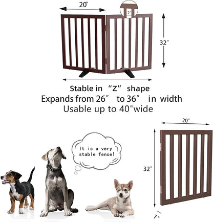 Dog Gate Indoor, Freestanding Dog Fence for The House, Doorways, Hallways,or Stairs,Pet Gate Foldable Wooden,Expandable 32" Height 2 Panels,Brown