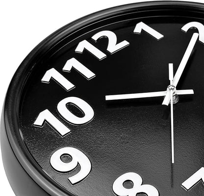 Plumeet 12'' Wall Clock, Battery Operated Wall Clocks Silent Non-Ticking Quartz, Modern Style Suitable for Bedroom Living Room Office Decor - 3D Numbers Display Easy to Read, Black