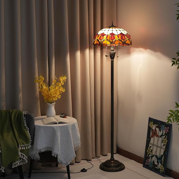 Tiffany Floor Lamp Red Tulip Style Stained Glass Standing Reading Light 16X16X64 Inches Antique Unique Pole Corner Tall Decor Lamp for Bedroom Living Room Home Office