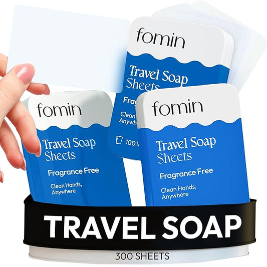 FOMIN - Antibacterial Paper Soap Sheets Tin for Traveling - (300 Sheets) Unscented - Portable Travel Hand Soap Sheet, Dissolvable Mini Camping Hand Soap for Hand Washing