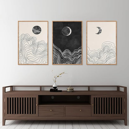 HLNIUC Black and White Abstract Wall Art Set of 3, Large Boho Framed Canvas Decor(24x36), Modern Celestial Sun Moon Painting, Geometric Line Mountain Art Print for Living Room, Bedroom, Office
