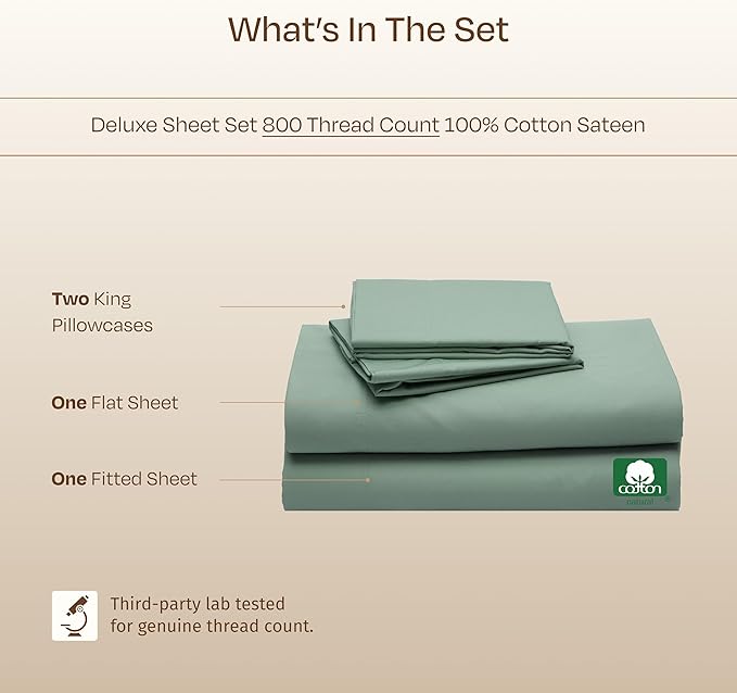 California Design Den King Size Sheet Set - Luxury Hotel 800 Thread Count Sateen, Natural 100% Cotton Bedsheets King Size Bed, Deep Pockets with Anti-Skid Elastic, Cool and Durable - Sage Green