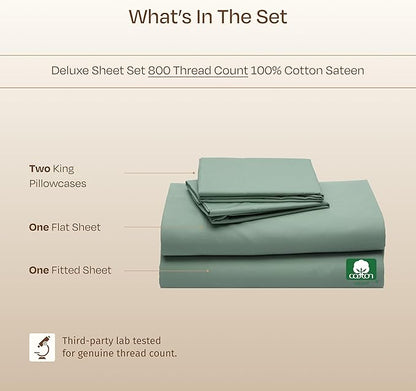 California Design Den King Size Sheet Set - Luxury Hotel 800 Thread Count Sateen, Natural 100% Cotton Bedsheets King Size Bed, Deep Pockets with Anti-Skid Elastic, Cool and Durable - Sage Green
