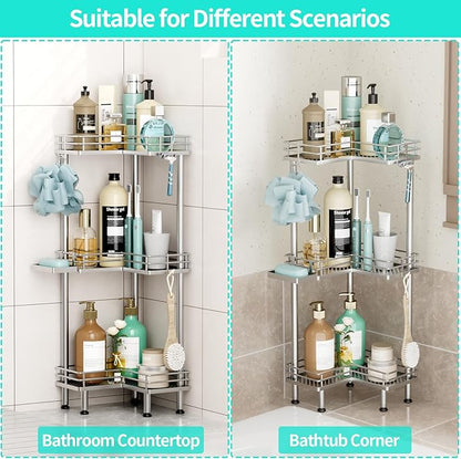 HapiRm Corner Shower Caddy Standing - 3 Tier Shower Organizer Corner with Soap Holder, Rustproof Bathroom Standing Organizer with 4 Hooks, Silver
